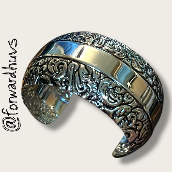 Bundle Sale 3 for $15 | Silver Tone Cuff Bracelet – Ornate Floral & Vine Motif - Picture 4 of 6
